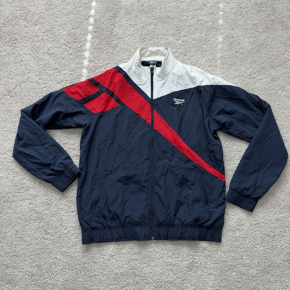 Vintage Reebok Windbreaker Jacket XL Blue Red White 90s Retro Full Zip